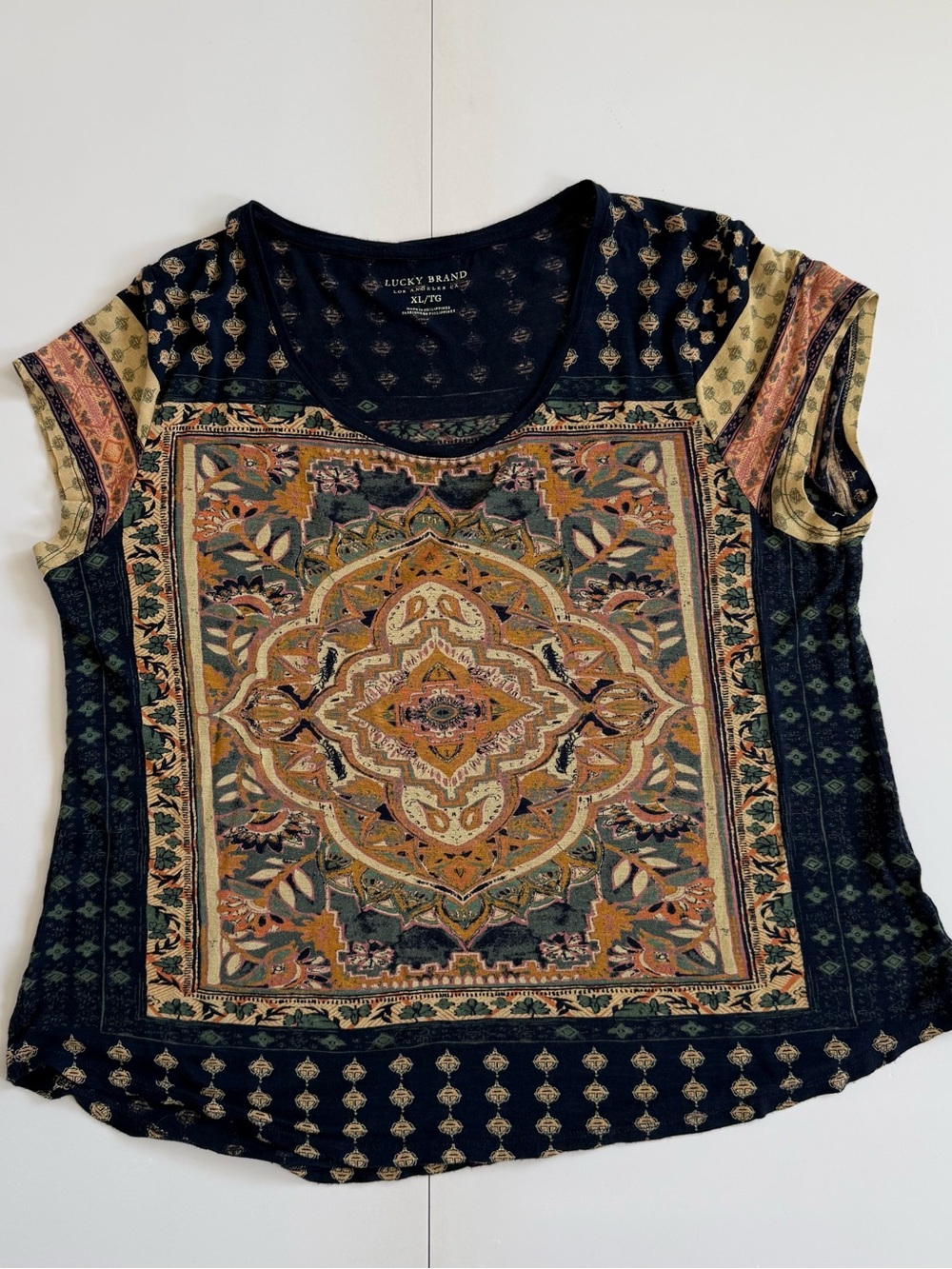 Lucky Brand Black Tee with Multicolor Medallion Panel